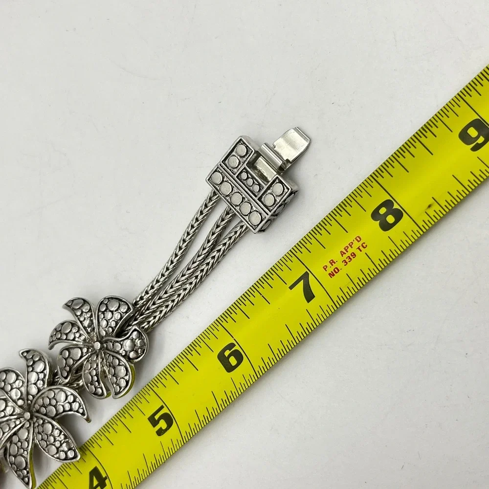 Silver Tone Triple Strand Wheat Chain Floral Dotted Texture Bracelet 7.5in